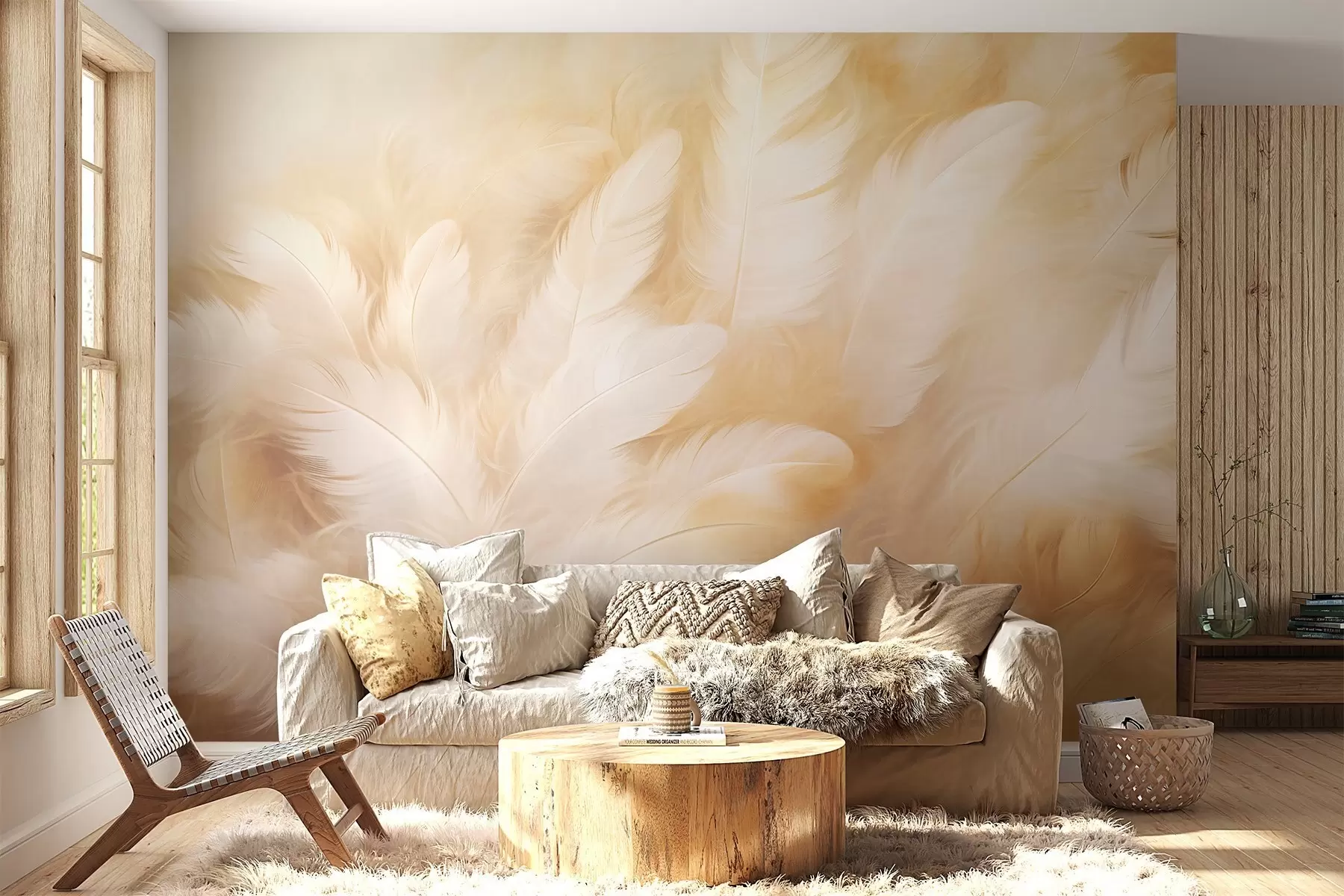 Wall Mural Photo Wallpaper White and yellow feathers with soft texture w09606