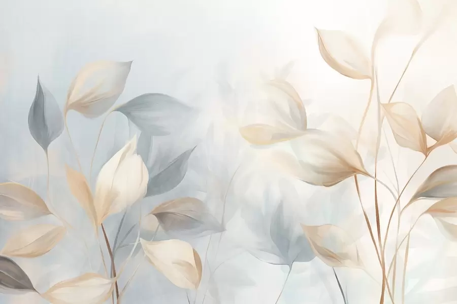 wall murals A soft, delicate, translucent leaves in muted tones of beige, peach, and pale blue, textured pastel art w09607