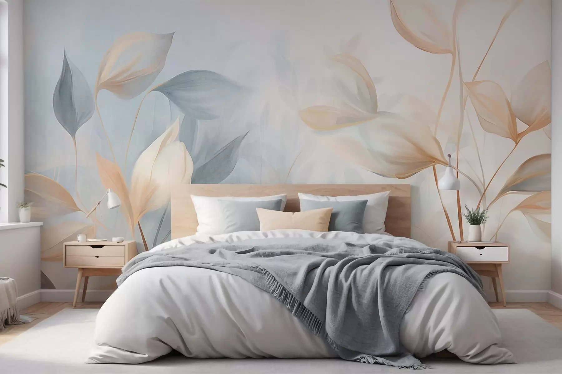 Wall Mural Photo Wallpaper A soft, delicate, translucent leaves in muted tones of beige, peach, and pale blue, textured pastel art w09607