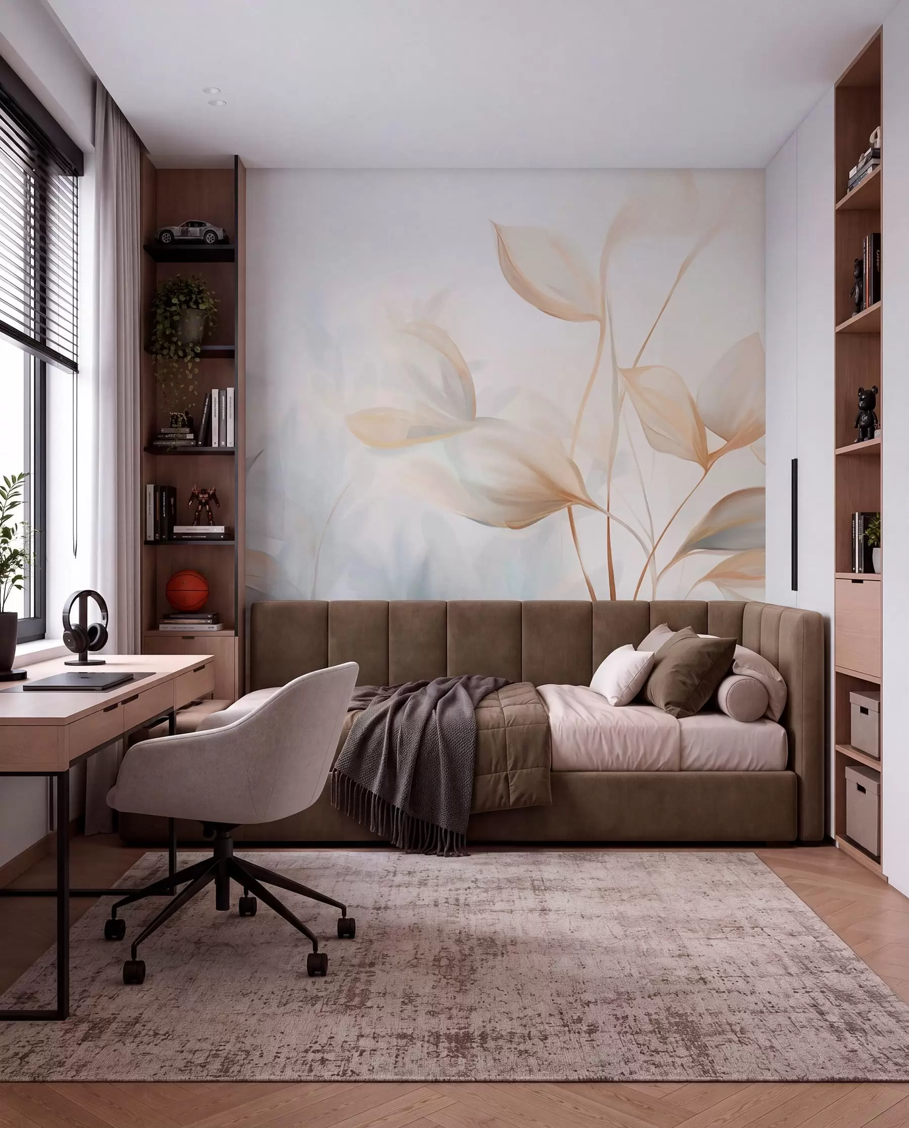 Wall Mural Photo Wallpaper A soft, delicate, translucent leaves in muted tones of beige, peach, and pale blue, textured pastel art w09607