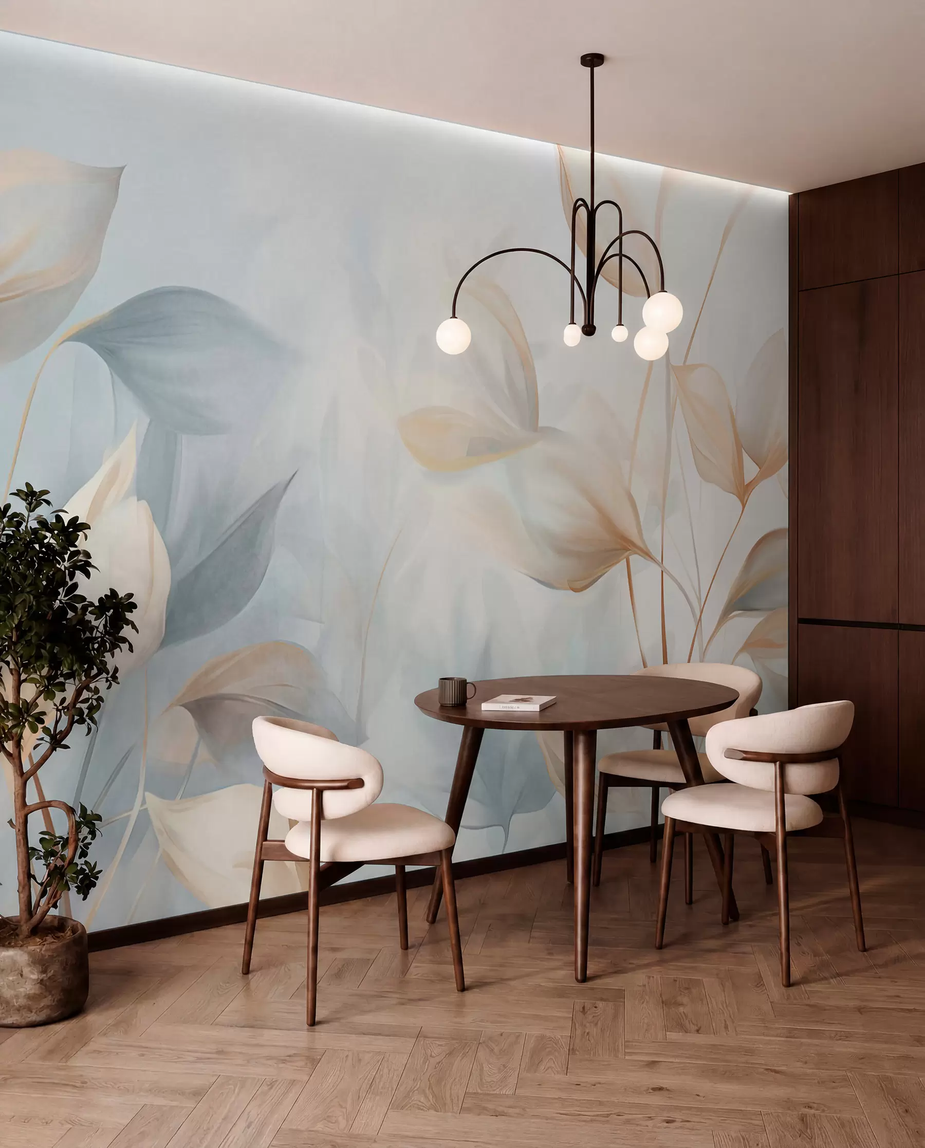 wall murals A soft, delicate, translucent leaves in muted tones of beige, peach, and pale blue, textured pastel art w09607