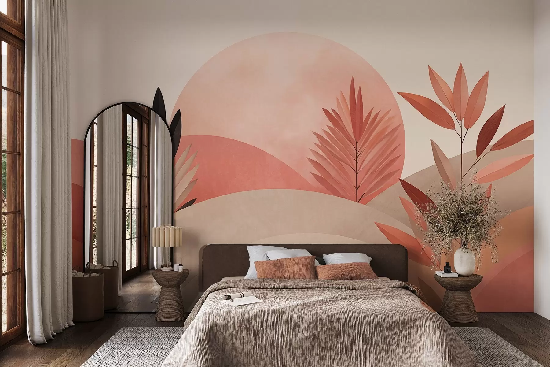 peintures murales Paysage bohème abstrait, soleil derrière des collines vallonnées, plantes au premier plan, minimaliste, texturé, couleurs douces w09608