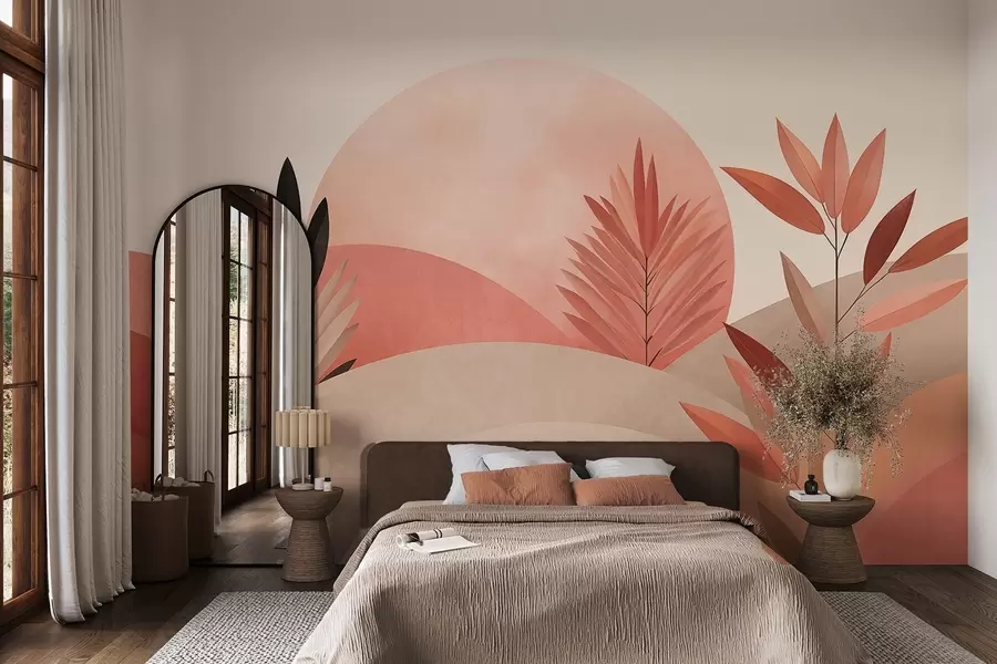 Wall Mural Photo Wallpaper Abstract boho landscape, sun behind rolling hills, plants in the foreground, minimalist, textured, muted colors w09608