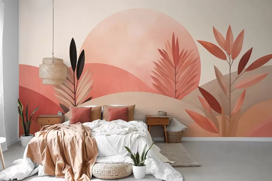 Wall Mural Photo Wallpaper Abstract boho landscape, sun behind rolling hills, plants in the foreground, minimalist, textured, muted colors w09608