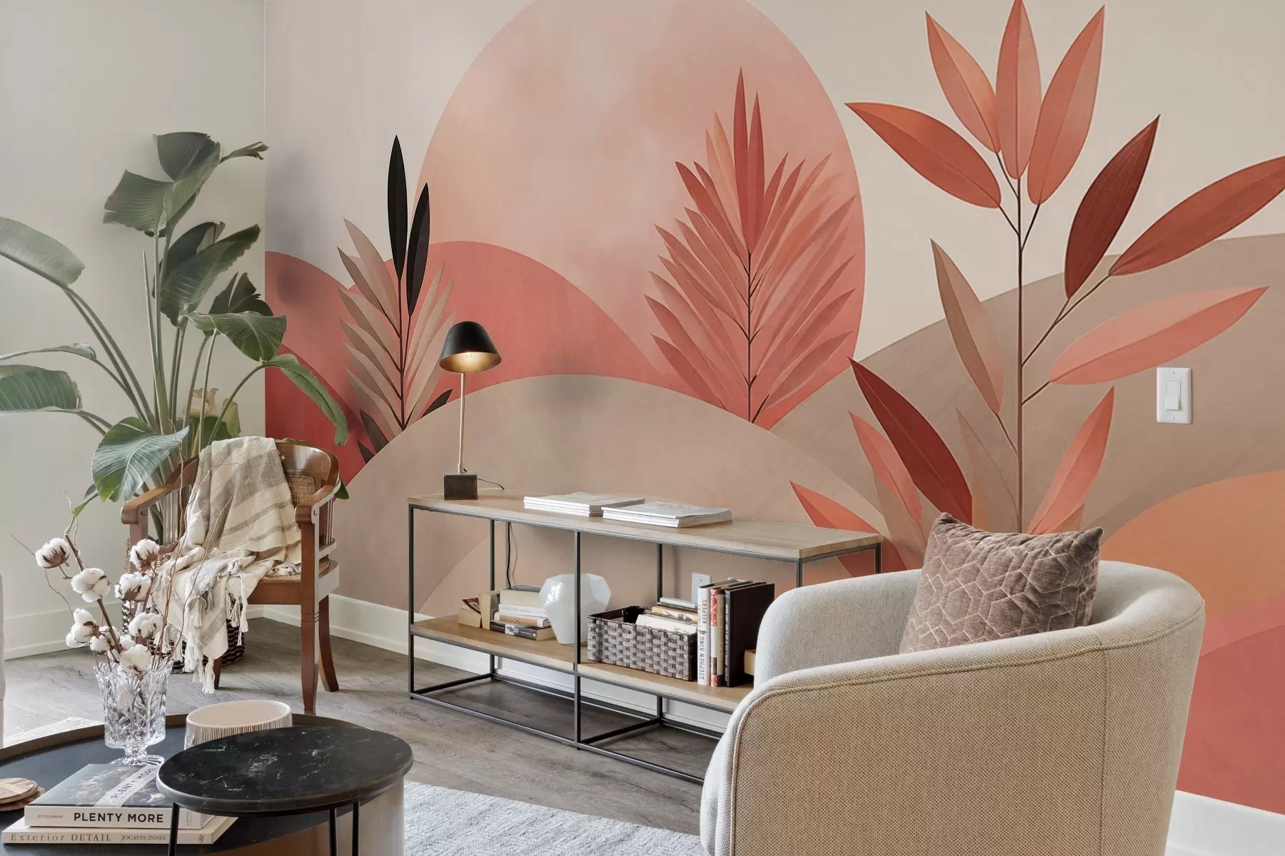 peintures murales Paysage bohème abstrait, soleil derrière des collines vallonnées, plantes au premier plan, minimaliste, texturé, couleurs douces w09608