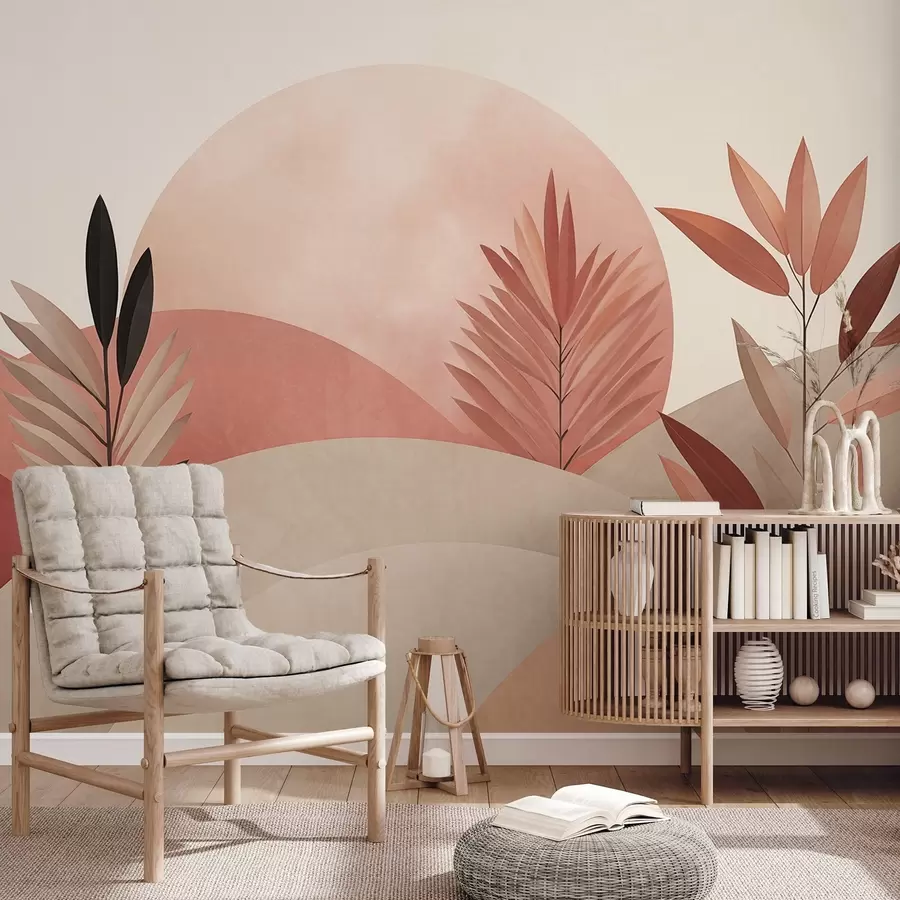 wall murals Abstract boho landscape, sun behind rolling hills, plants in the foreground, minimalist, textured, muted colors w09608