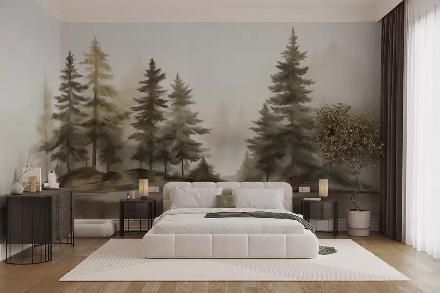 Wall Mural Photo Wallpaper A textured foggy forest with tall pine trees painting imitation w09610