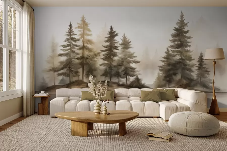 Wall Mural Photo Wallpaper A textured foggy forest with tall pine trees painting imitation w09610