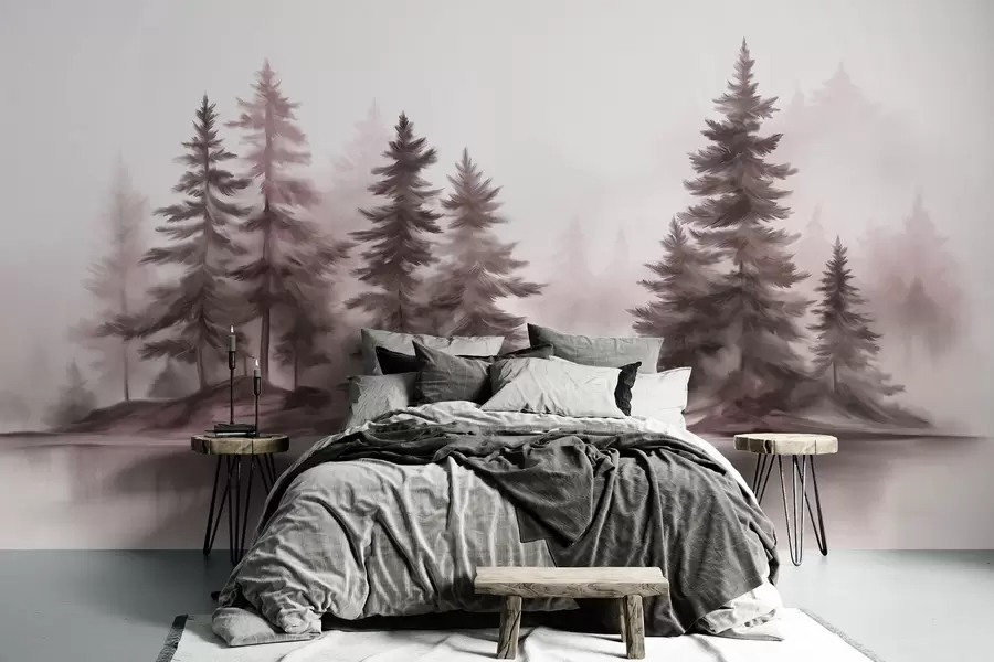 Wall Mural Photo Wallpaper A textured foggy forest with tall pine trees painting imitation w09610v1