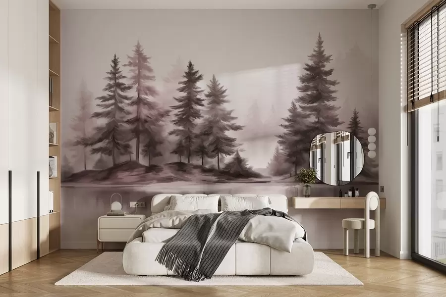 Wall Mural Photo Wallpaper A textured foggy forest with tall pine trees painting imitation w09610v1