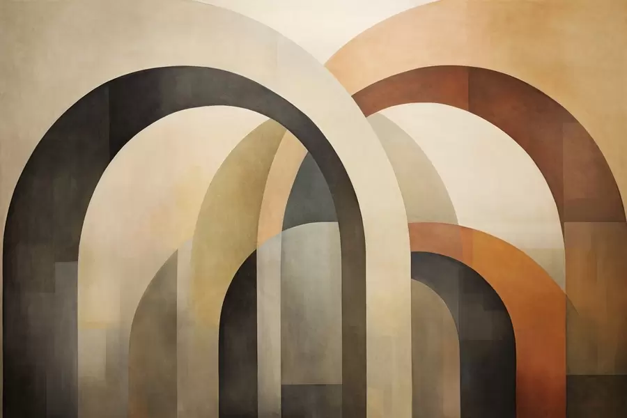 murales Arcos geométricos abstractos con textura en tonos tierra de beige, marrón y gris, un diseño arquitectónico moderno en capas. w09611