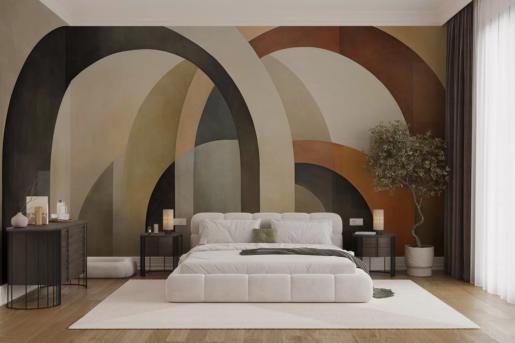 Wall Mural Photo Wallpaper Abstract textured geometric arches in earthy tones of beige, brown and gray, a layered modern architectural design w09611