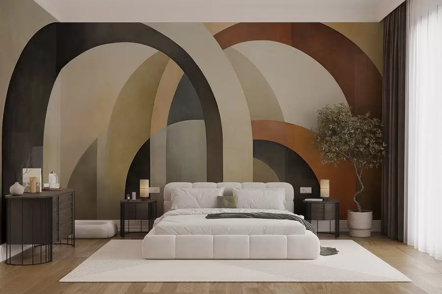 peintures murales Arcs géométriques abstraits texturés dans des tons terreux de beige, marron et gris, un design architectural moderne en couches. w09611