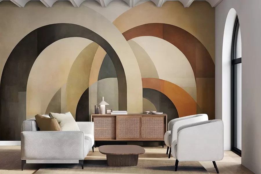 Wall Mural Photo Wallpaper Abstract textured geometric arches in earthy tones of beige, brown and gray, a layered modern architectural design w09611