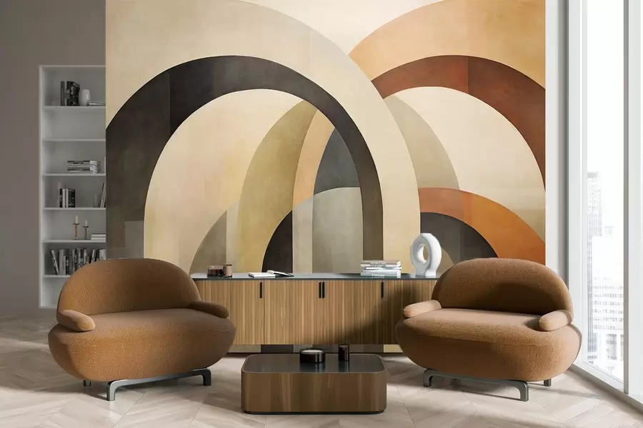 Wall Mural Photo Wallpaper Abstract textured geometric arches in earthy tones of beige, brown and gray, a layered modern architectural design w09611