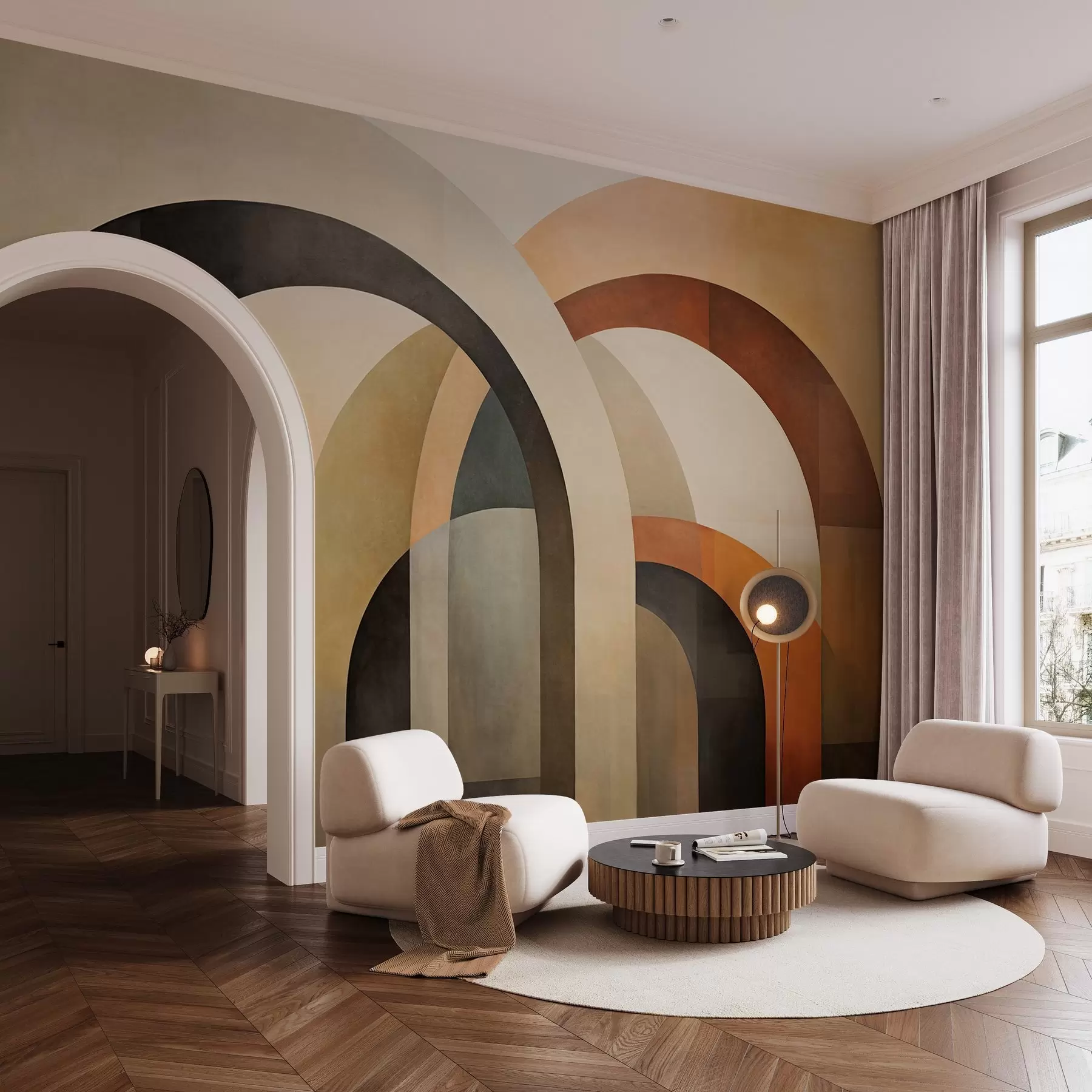Wall Mural Photo Wallpaper Abstract textured geometric arches in earthy tones of beige, brown and gray, a layered modern architectural design w09611
