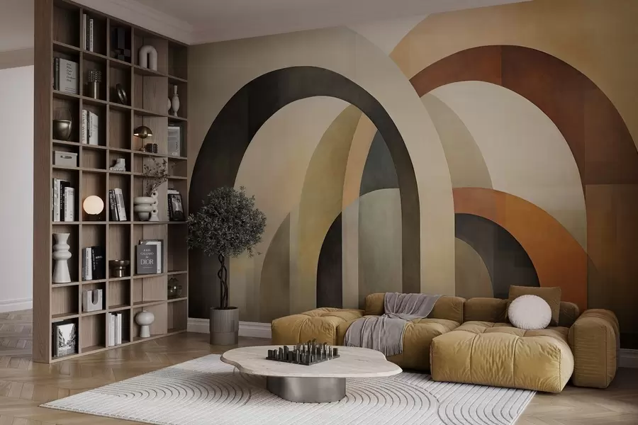 Wall Mural Photo Wallpaper Abstract textured geometric arches in earthy tones of beige, brown and gray, a layered modern architectural design w09611