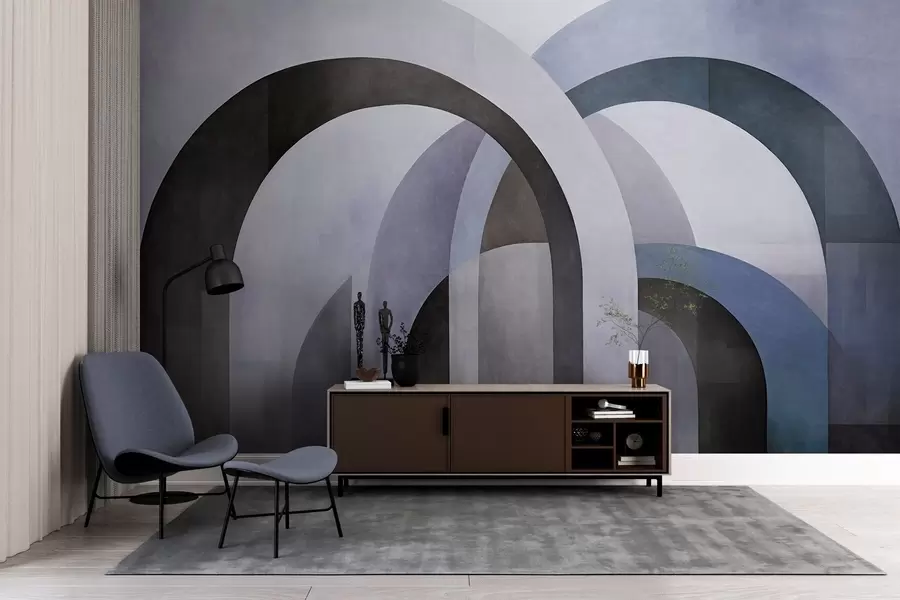 Wall Mural Photo Wallpaper Abstract textured geometric arches in tones of blue, black and gray, a layered modern architectural design w09611v1
