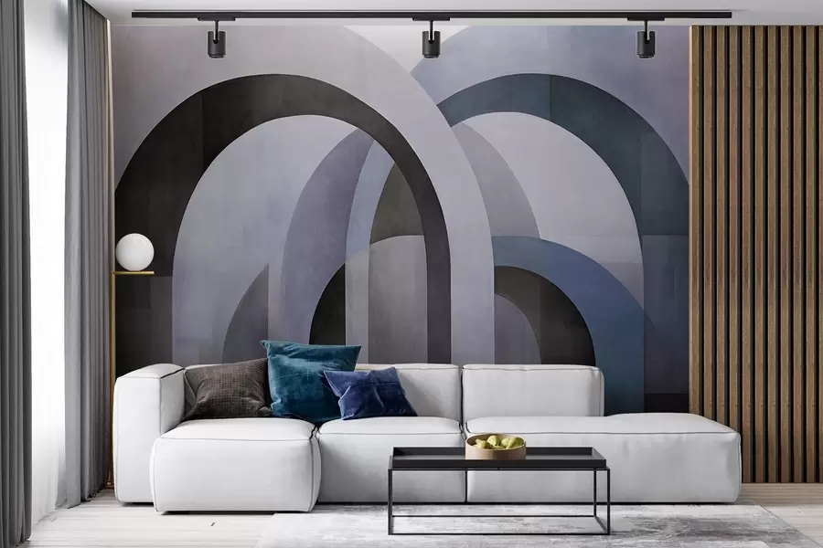 Wall Mural Photo Wallpaper Abstract textured geometric arches in tones of blue, black and gray, a layered modern architectural design w09611v1