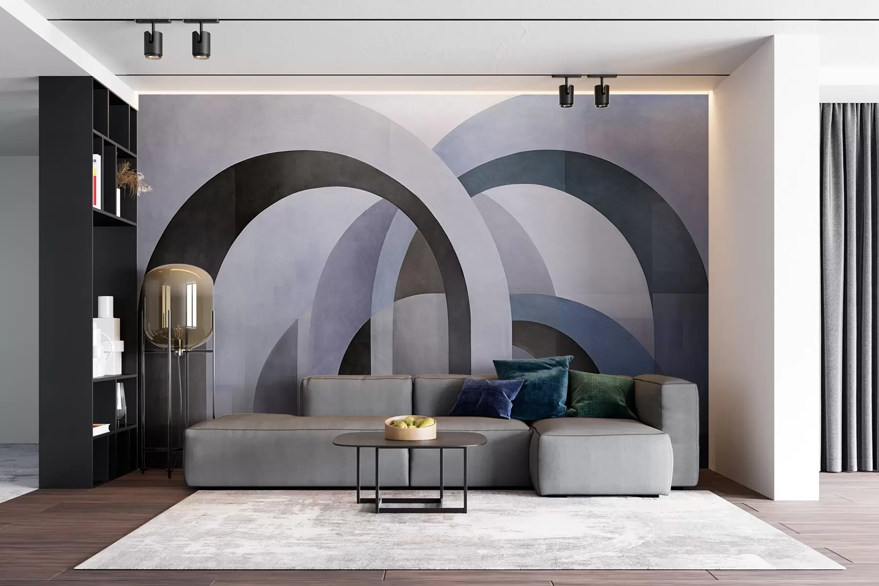 peintures murales Arcs géométriques abstraits texturés dans des tons de bleu, noir et gris, un design architectural moderne en couches. w09611v1