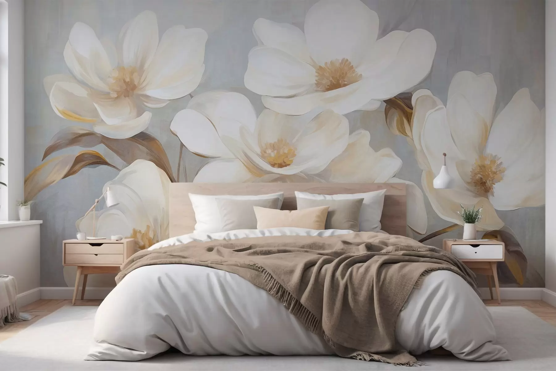 Wall Mural Photo Wallpaper A textured painting imitation of several white magnolia flowers against a muted pastel background w09612