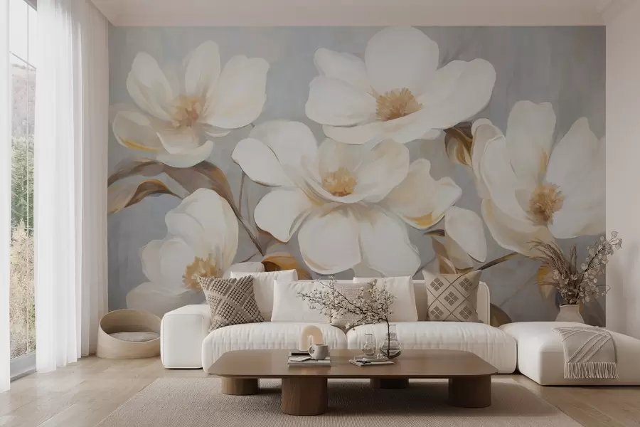 murales Una pintura texturizada que imita varias flores blancas de magnolia sobre un fondo pastel apagado. w09612