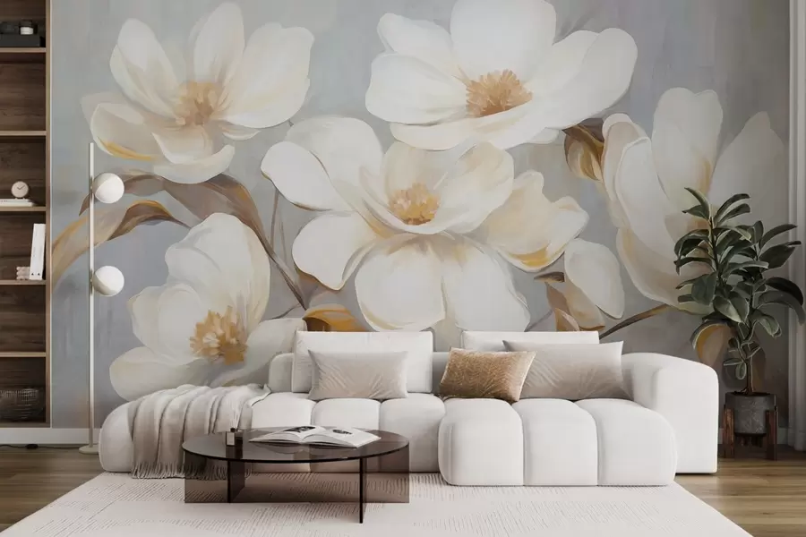murales Una pintura texturizada que imita varias flores blancas de magnolia sobre un fondo pastel apagado. w09612