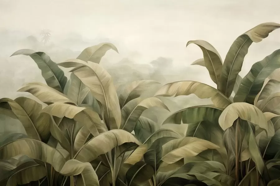 wall murals Textured dense jungle landscape with large banana leaves in muted green and beige tones w09613
