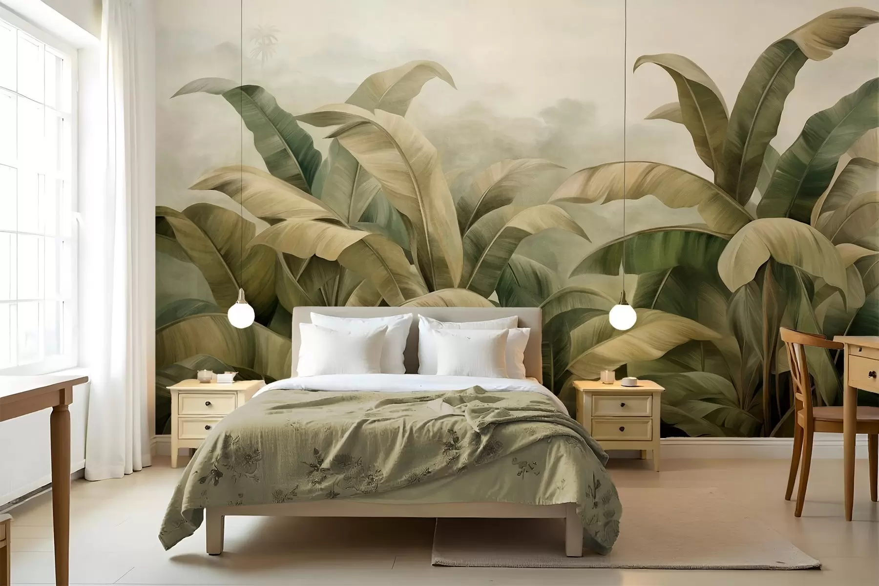 Wall Mural Photo Wallpaper Textured dense jungle landscape with large banana leaves in muted green and beige tones w09613