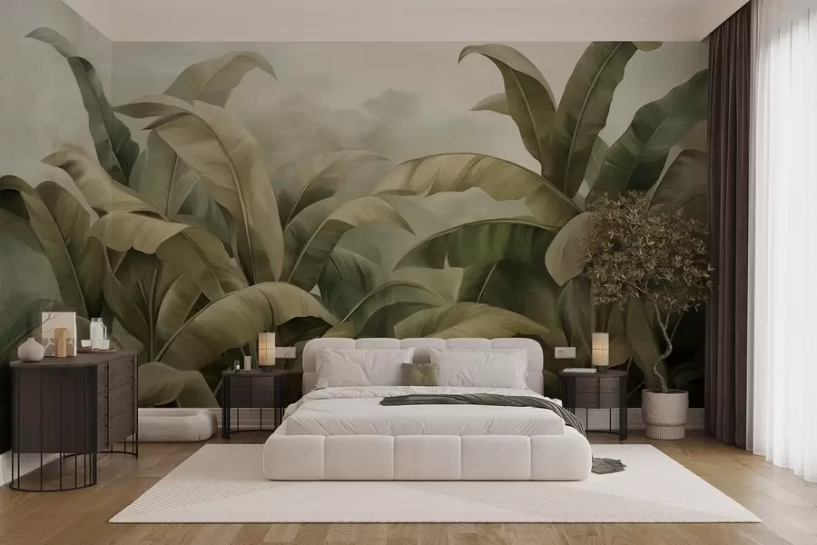 Wall Mural Photo Wallpaper Textured dense jungle landscape with large banana leaves in muted green and beige tones w09613