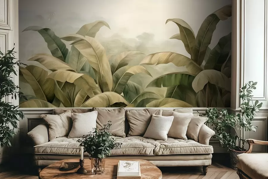 murais de parede Paisagem de selva densa e texturizada com grandes folhas de bananeira em tons suaves de verde e bege w09613