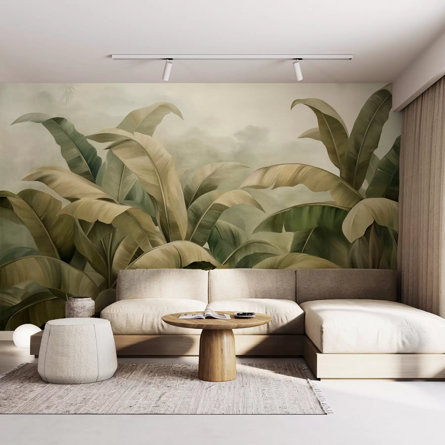 murales Paisaje selvático denso y texturizado con grandes hojas de plátano en tonos verdes y beige apagados. w09613