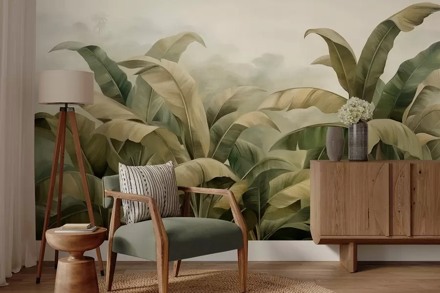 Wall Mural Photo Wallpaper Textured dense jungle landscape with large banana leaves in muted green and beige tones w09613