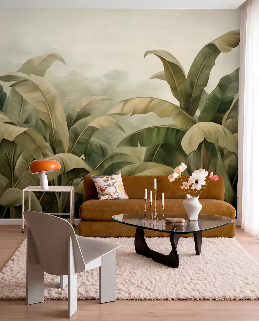 Wall Mural Photo Wallpaper Textured dense jungle landscape with large banana leaves in muted green and beige tones w09613