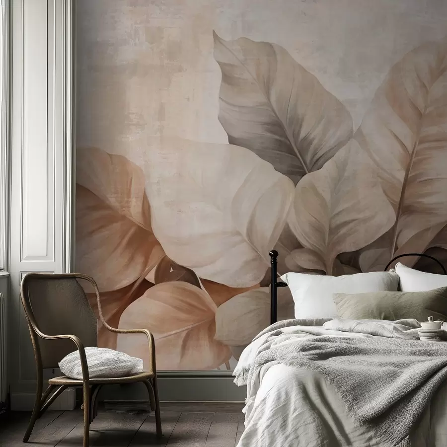 wall murals Textured painting imitation of large, light brown leaves against a neutral background with subtle brushstrokes w09614