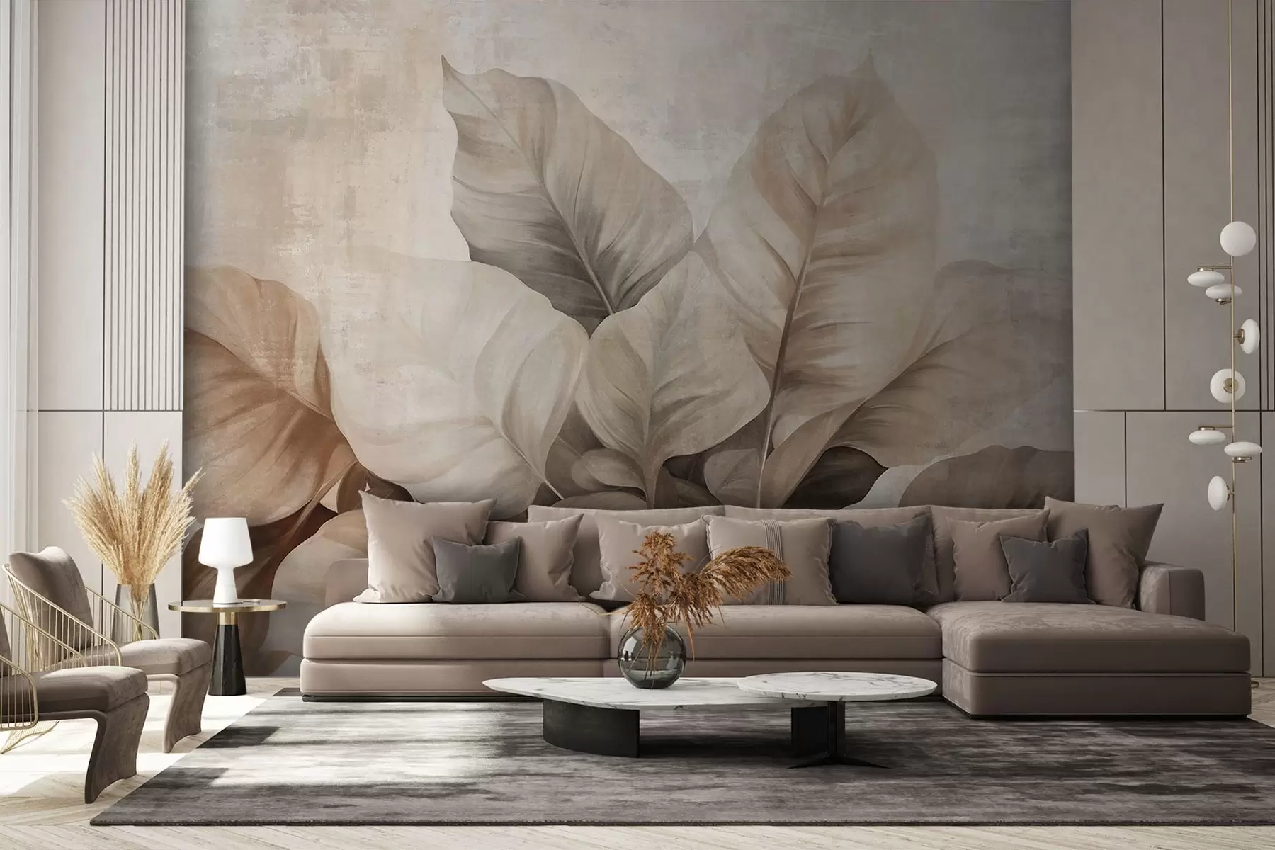 wall murals Textured painting imitation of large, light brown leaves against a neutral background with subtle brushstrokes w09614