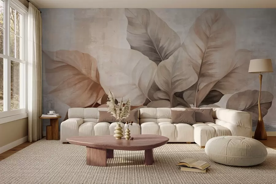 Wall Mural Photo Wallpaper Textured painting imitation of large, light brown leaves against a neutral background with subtle brushstrokes w09614