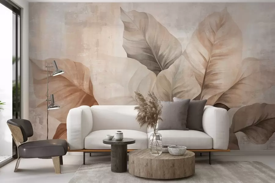 murales Imitacione de pintura texturizada de hojas grandes de color marrón claro sobre un fondo neutro con pinceladas sutiles. w09614