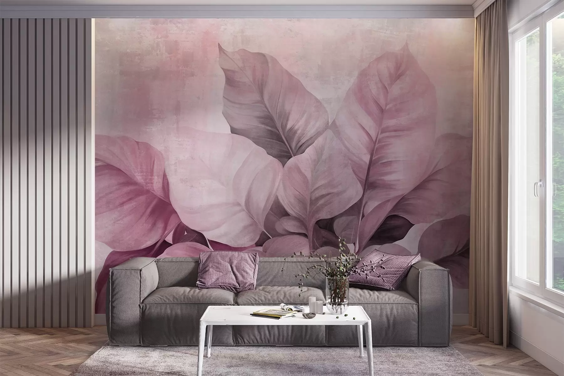 wall murals Textured painting imitation of large, light pink leaves against a neutral background with subtle brushstrokes w09614v1