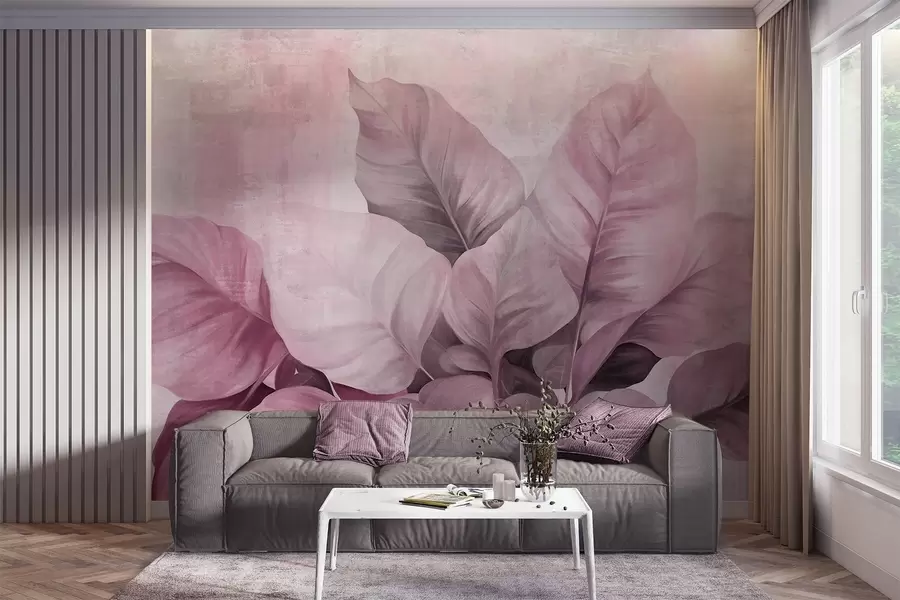 Wall Mural Photo Wallpaper Textured painting imitation of large, light pink leaves against a neutral background with subtle brushstrokes w09614v1