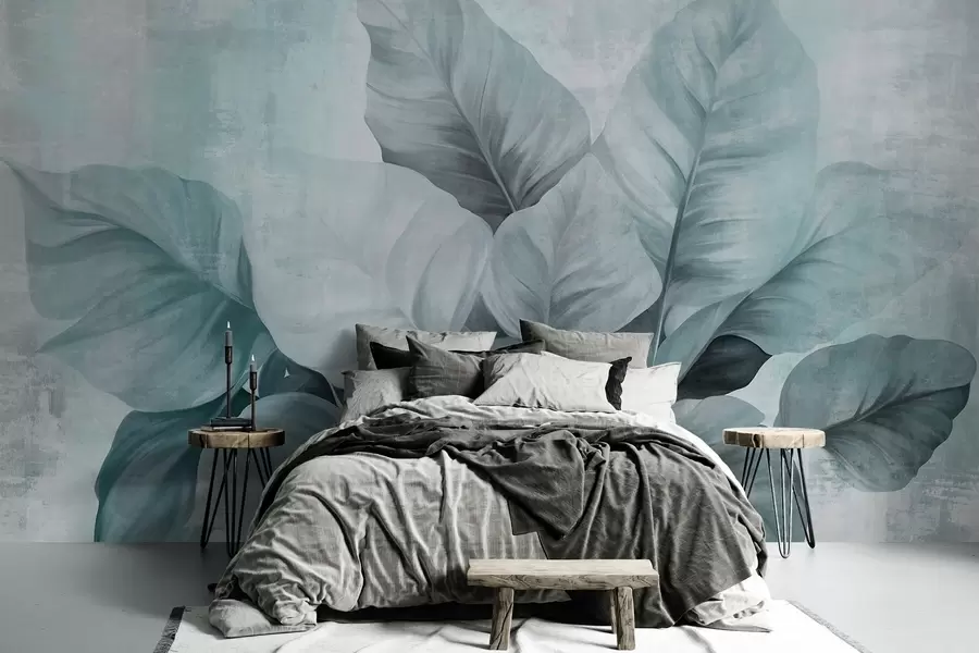 Wall Mural Photo Wallpaper Textured painting imitation of large, light blue leaves against a neutral background with subtle brushstrokes w09614v2