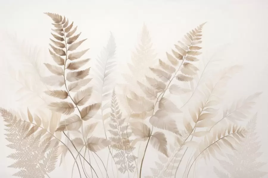 murales Hojas secas de helecho con textura en varios tonos de marrón, con un fondo suave y claro en estilo acuarela. w09615