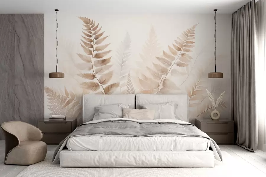 Wall Mural Photo Wallpaper Textured dried fern fronds in various shades of brown, with a soft, light background in watercolor style w09615