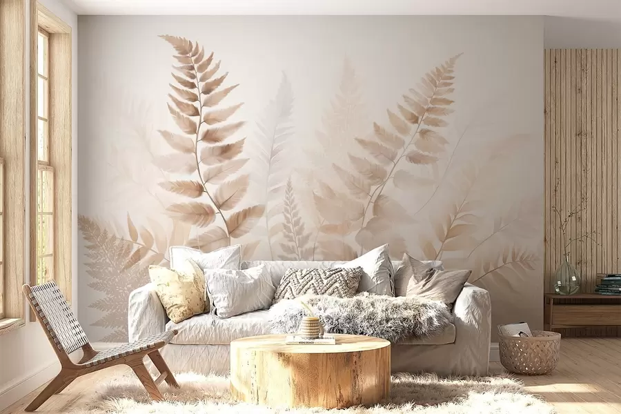 Wall Mural Photo Wallpaper Textured dried fern fronds in various shades of brown, with a soft, light background in watercolor style w09615