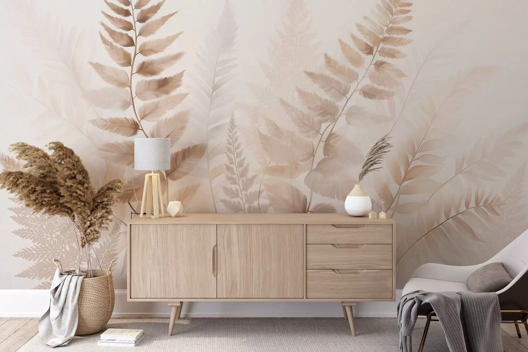 Wall Mural Photo Wallpaper Textured dried fern fronds in various shades of brown, with a soft, light background in watercolor style w09615