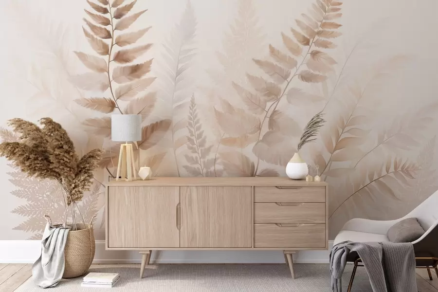 Wall Mural Photo Wallpaper Textured dried fern fronds in various shades of brown, with a soft, light background in watercolor style w09615