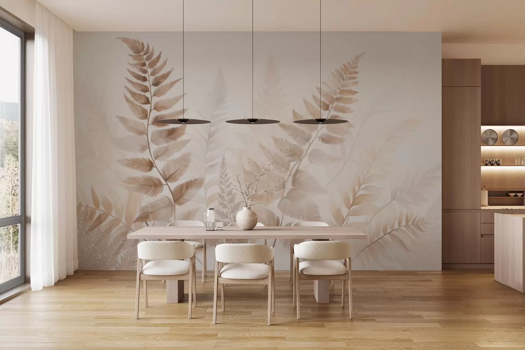 murales Hojas secas de helecho con textura en varios tonos de marrón, con un fondo suave y claro en estilo acuarela. w09615