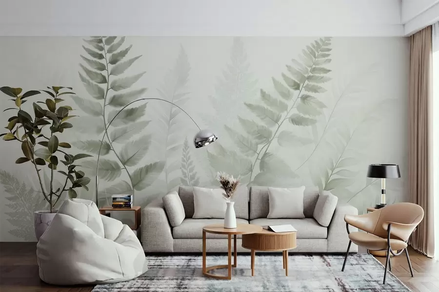 Wall Mural Photo Wallpaper Textured dried fern fronds in various shades of green, with a soft, light background in watercolor style w09615v1
