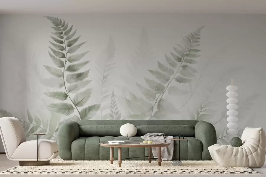 peintures murales Fougères séchées texturées dans différentes nuances de vert, sur fond clair et doux, dans un style aquarelle. w09615v1