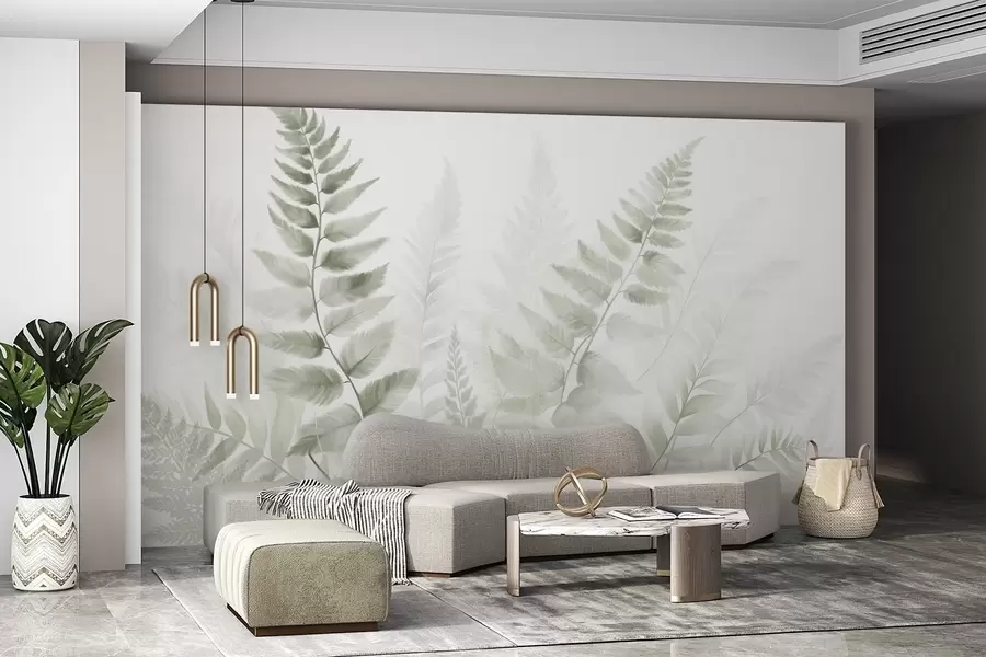 murales Hojas secas de helecho con textura en varios tonos de verde, con un fondo suave y claro en estilo acuarela. w09615v1